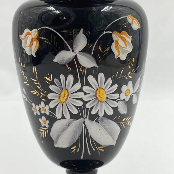 Vintage Black Glass Vase, Victorian era style handpainted floral decor - Picture 2 of 7